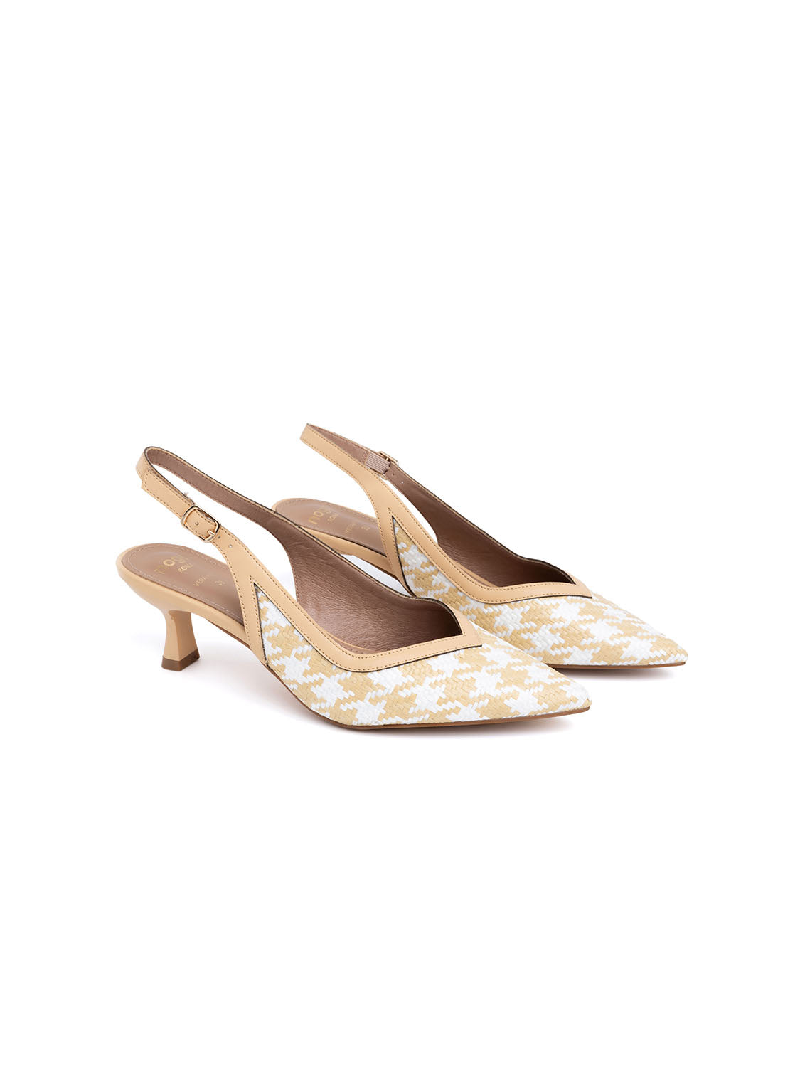 Houndstooth Raffia Pumps - WHITE/BEIGE