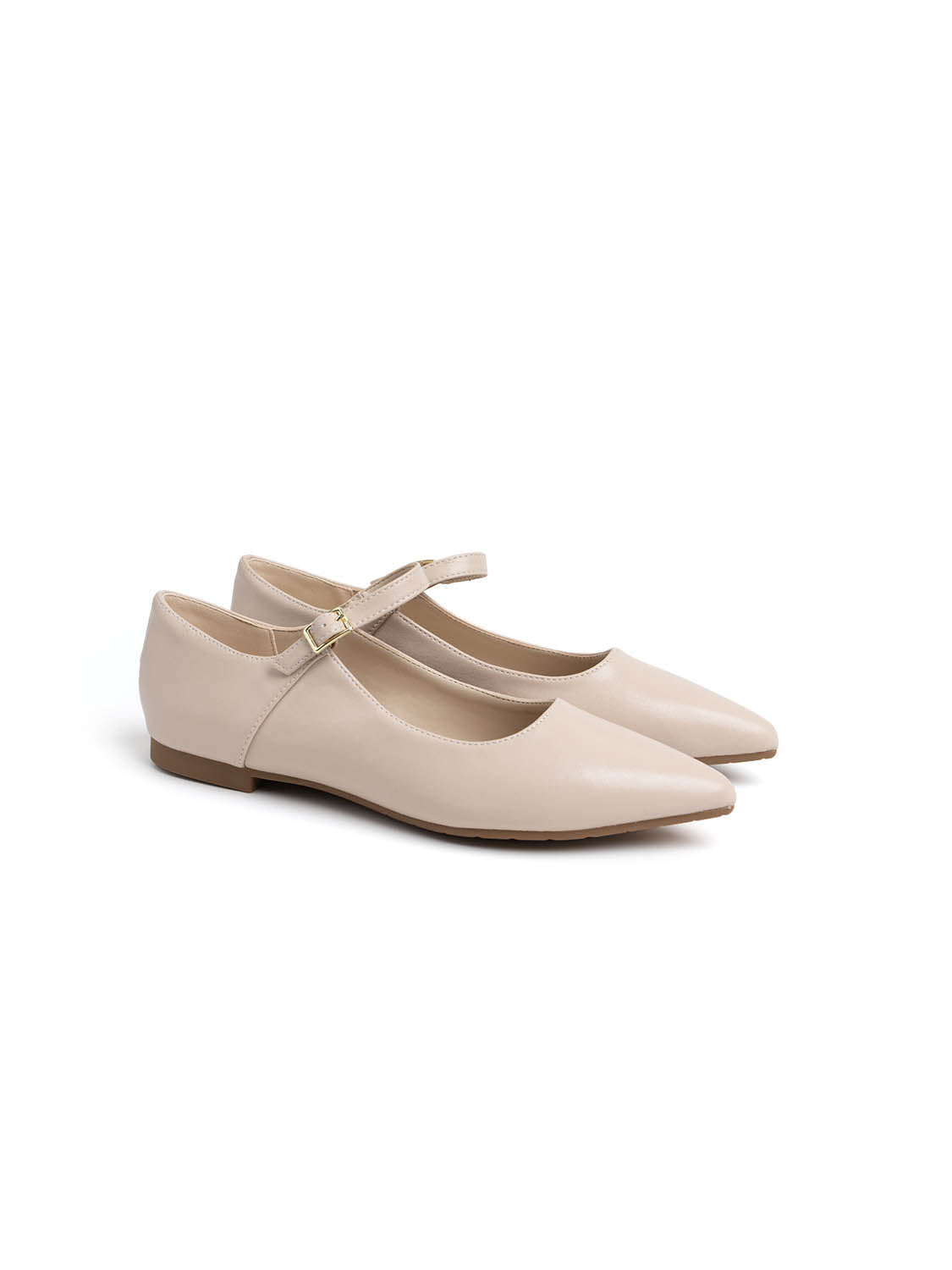 Genuine Leather Ballerina with Strap - BEIGE