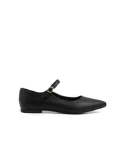Genuine Leather Ballerina with Strap - BLACK