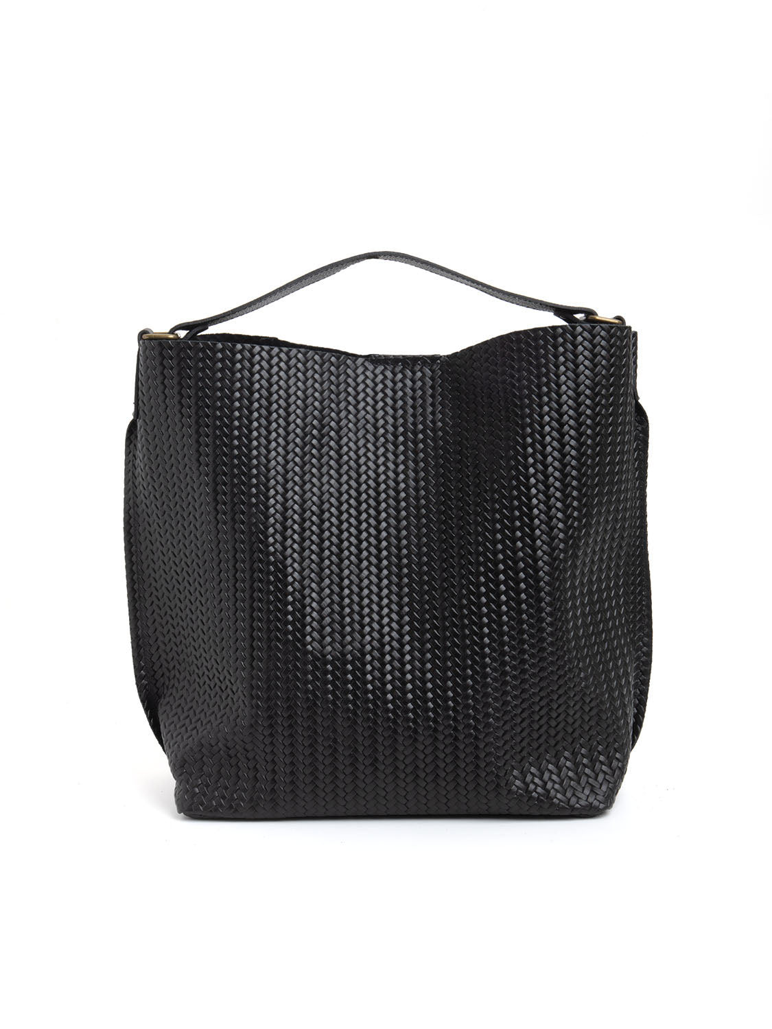 Borsa shopper in vera pelle con dettaglio intrecciato - NERO