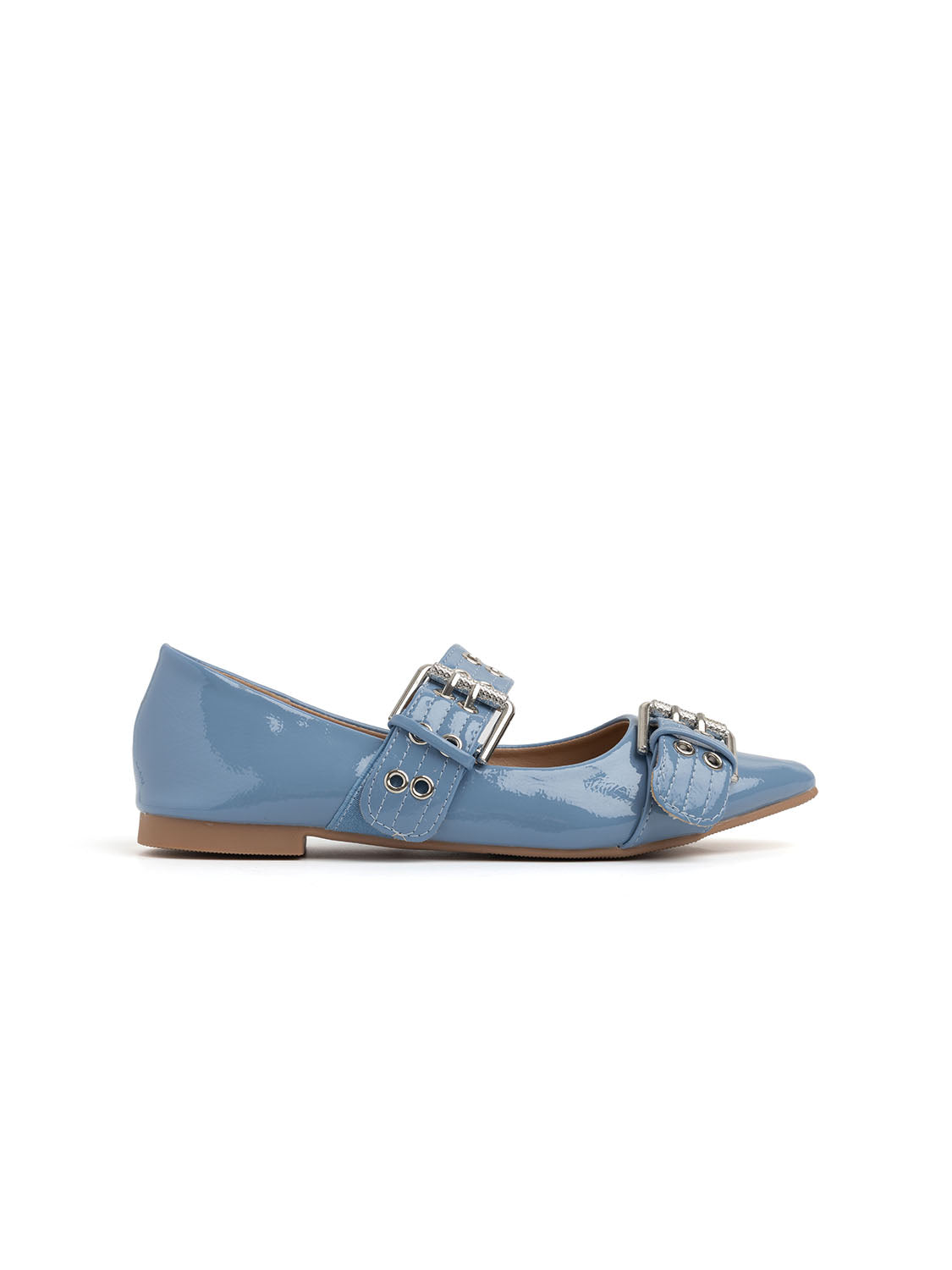 Pointed Toe Ballerina with Double Buckle - BLUE