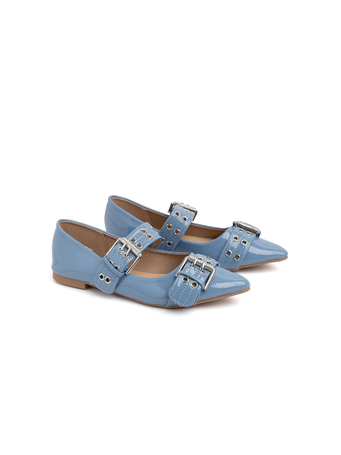 Pointed Toe Ballerina with Double Buckle - BLUE