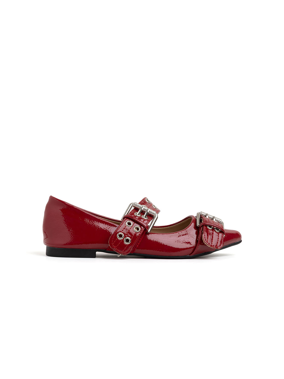 Pointed Toe Ballerina with Double Buckle - RED