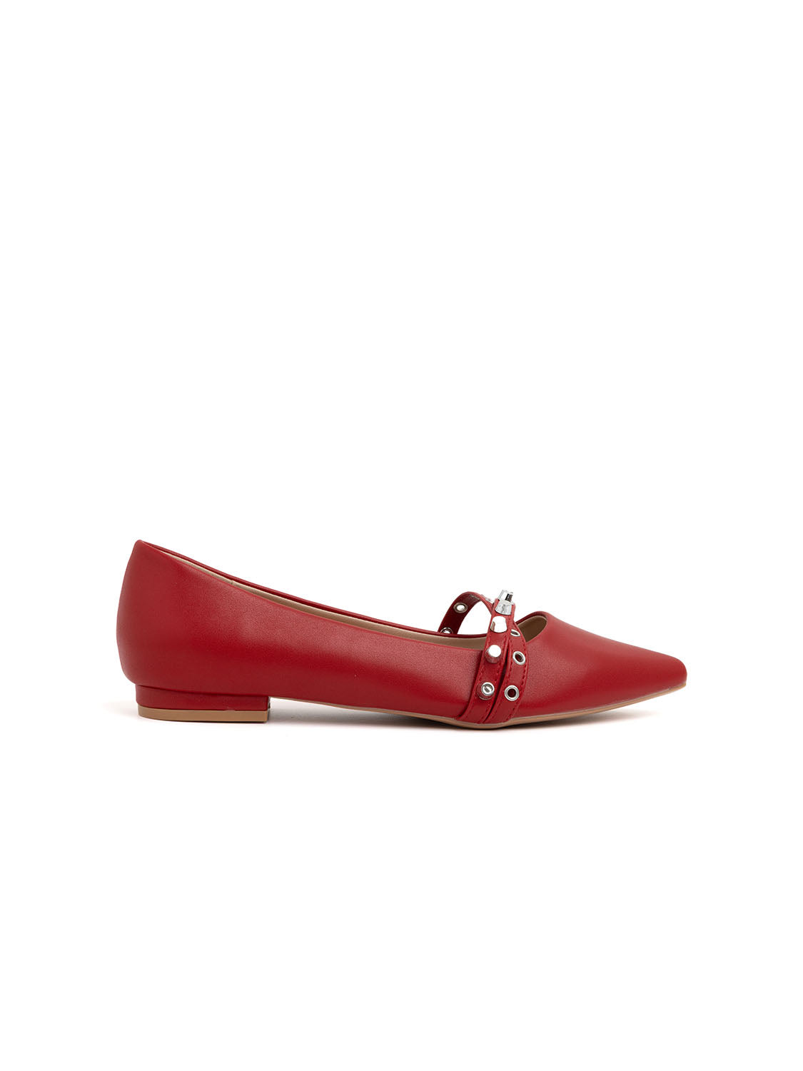 Ballerina con doppio cinturino borchiato - ROSSO