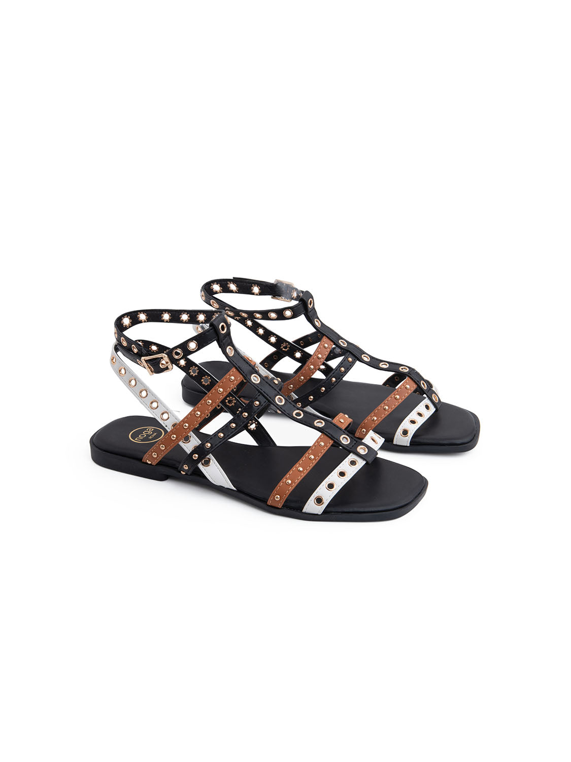 Sandalo flat tricolor con occhielli - NERO