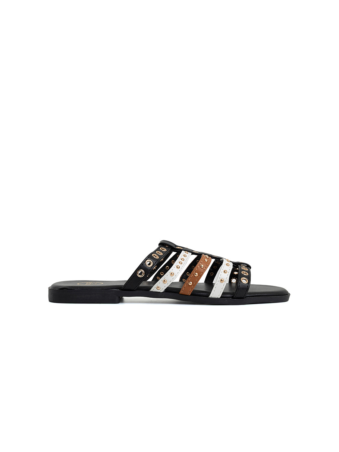 Ciabatta flat tricolor con occhielli - NERO