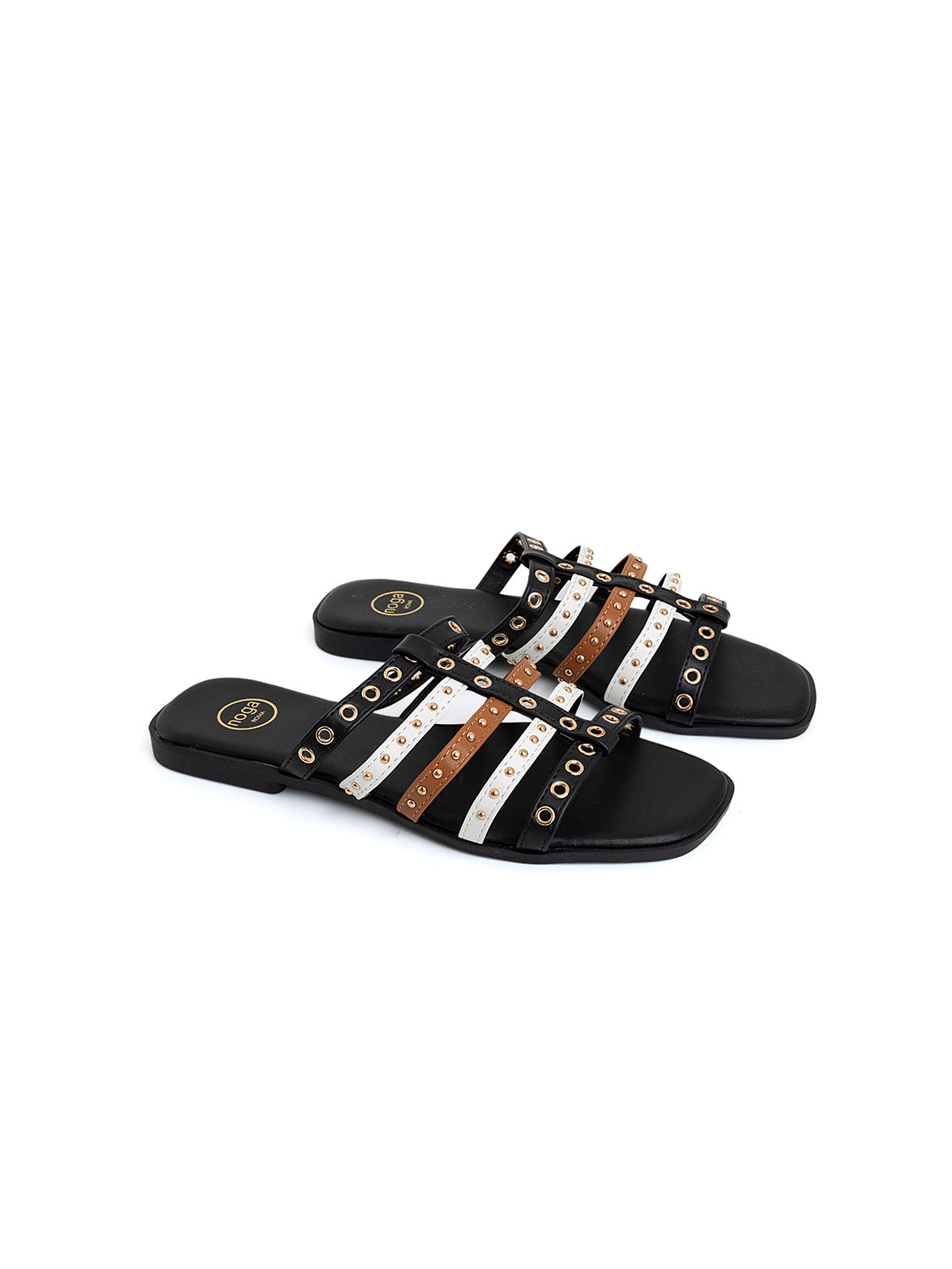 Ciabatta flat tricolor con occhielli - NERO