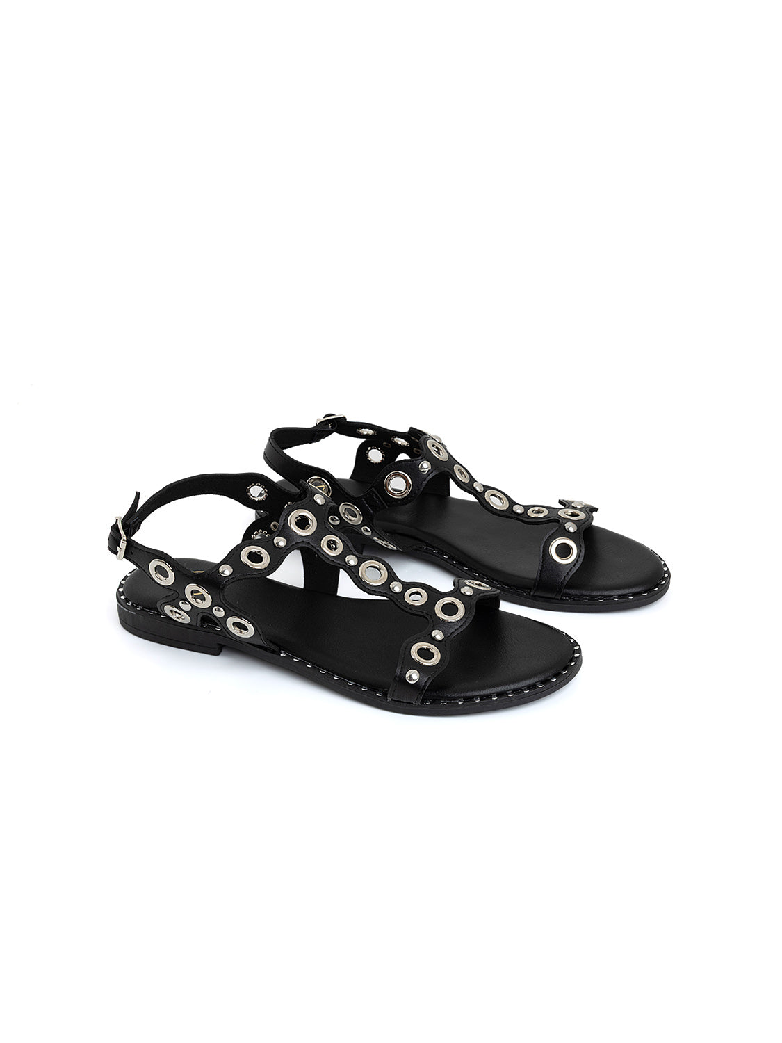 Sandalo flat con borchie traforate - NERO