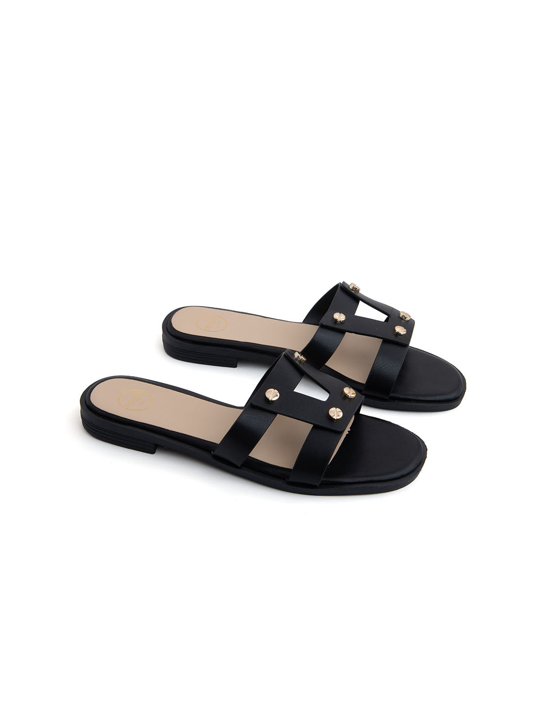 Ciabatta flat con fascia a H borchiata - NERO