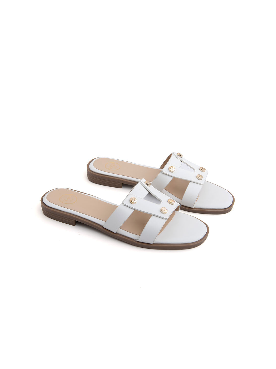 Ciabatta flat con fascia a H borchiata - BIANCO