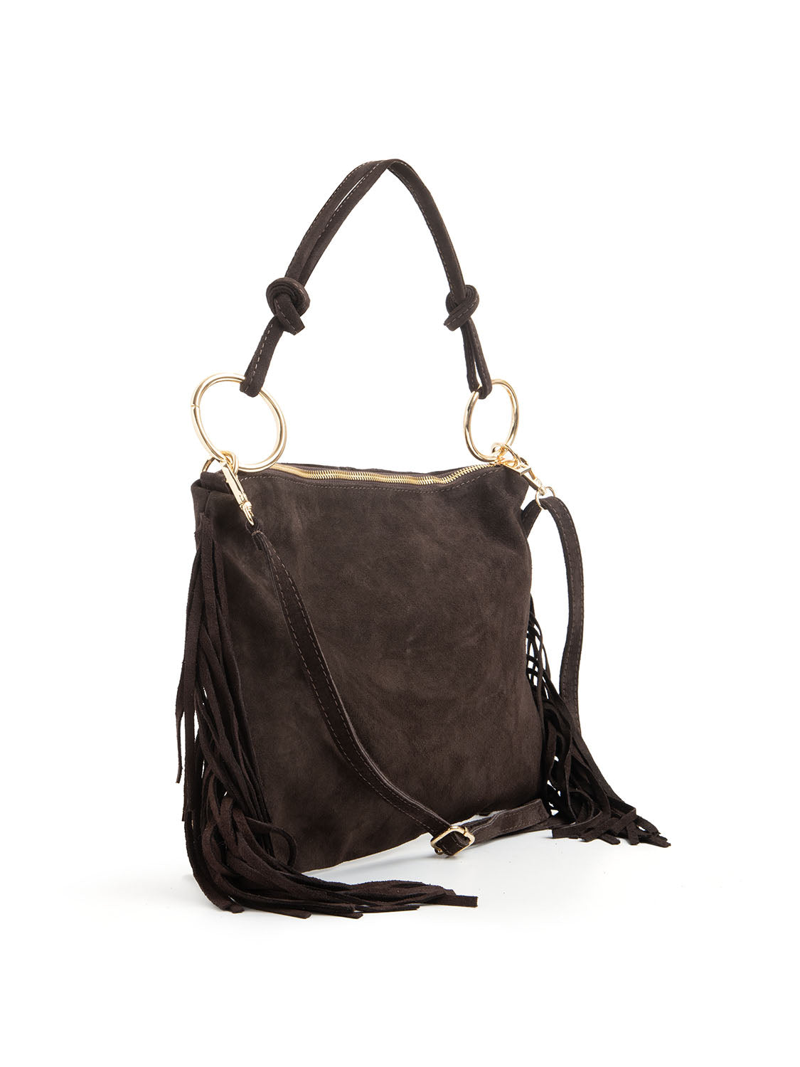 Borsa boho in vera pelle con frange - MARRONE