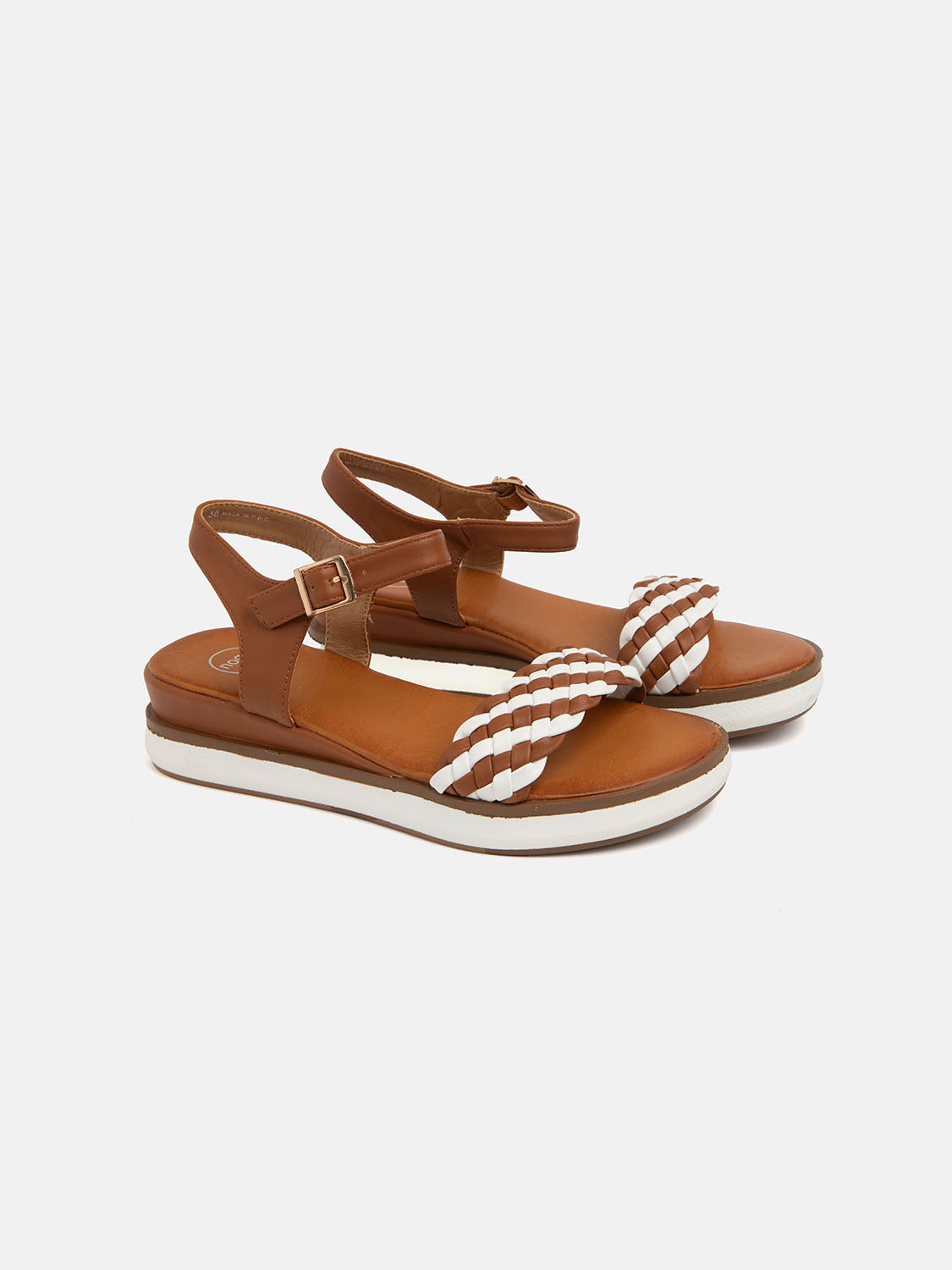 Sandal with two-tone braided band and strap - CAMEL