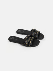 Studded genuine leather slipper - BLACK