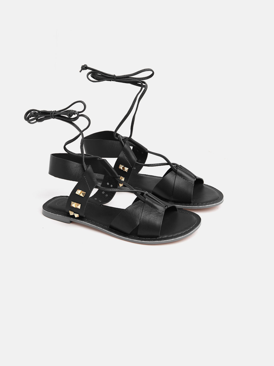 Leather sandal with wide studded straps - BLACK