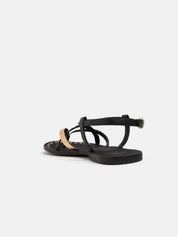 Genuine leather thong sandal with gold bands - BLACK/GOLD