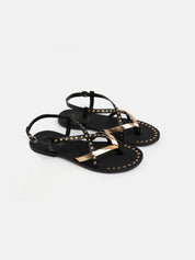 Genuine leather thong sandal with gold bands - BLACK/GOLD