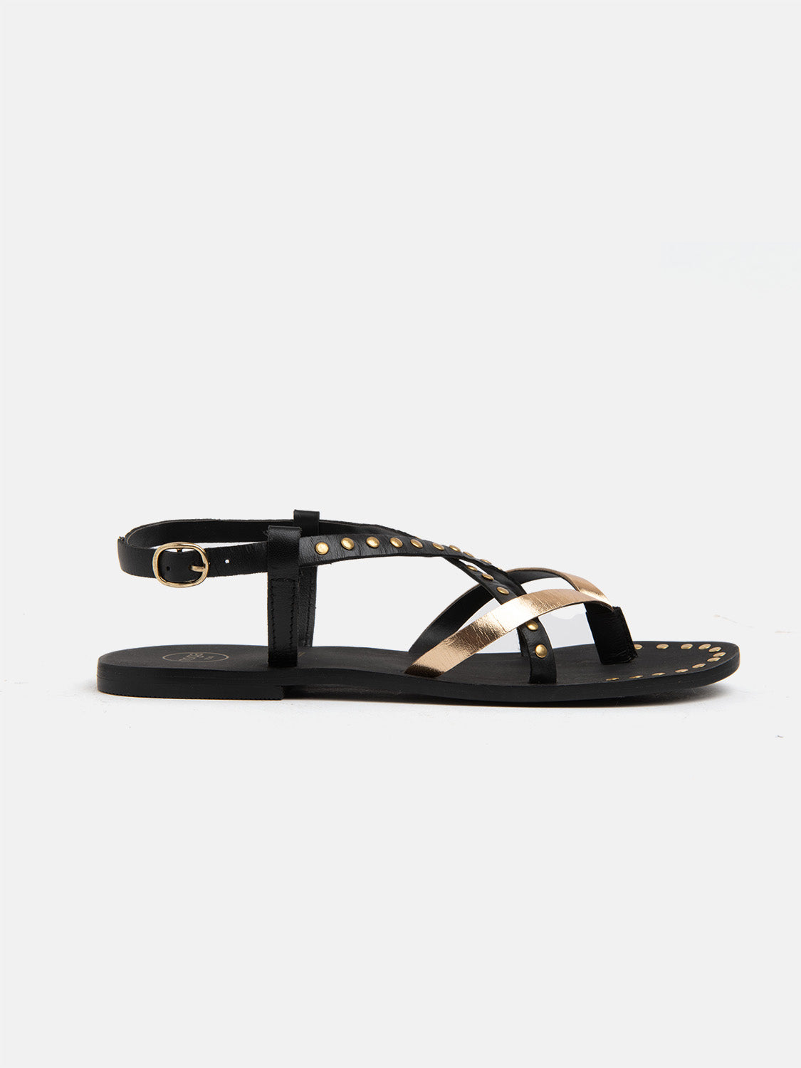 Genuine leather thong sandal with gold bands - BLACK/GOLD