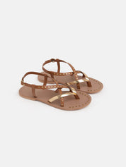 Genuine leather thong sandal with gold bands - LEATHER/GOLD