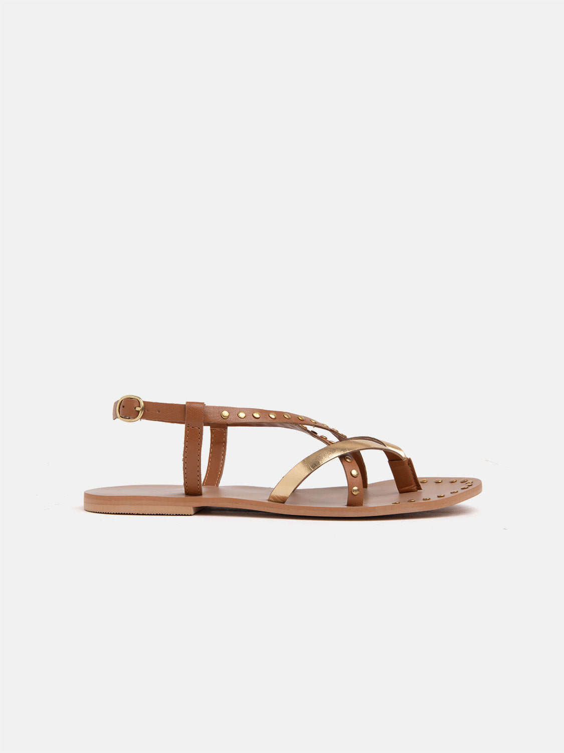 Genuine leather thong sandal with gold bands - LEATHER/GOLD