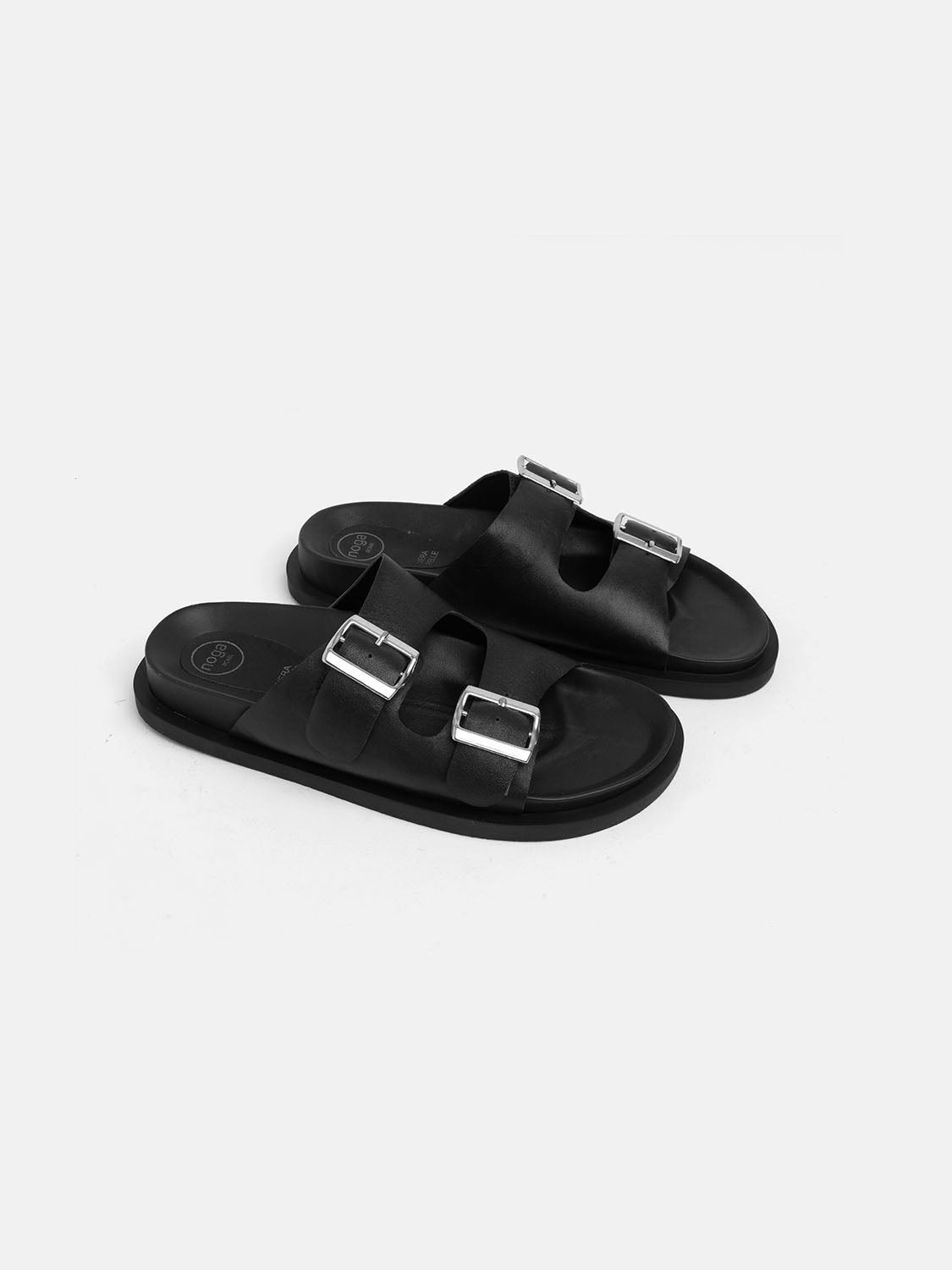 Genuine leather slipper with double buckle - BLACK