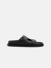 Genuine leather slipper with double buckle - BLACK