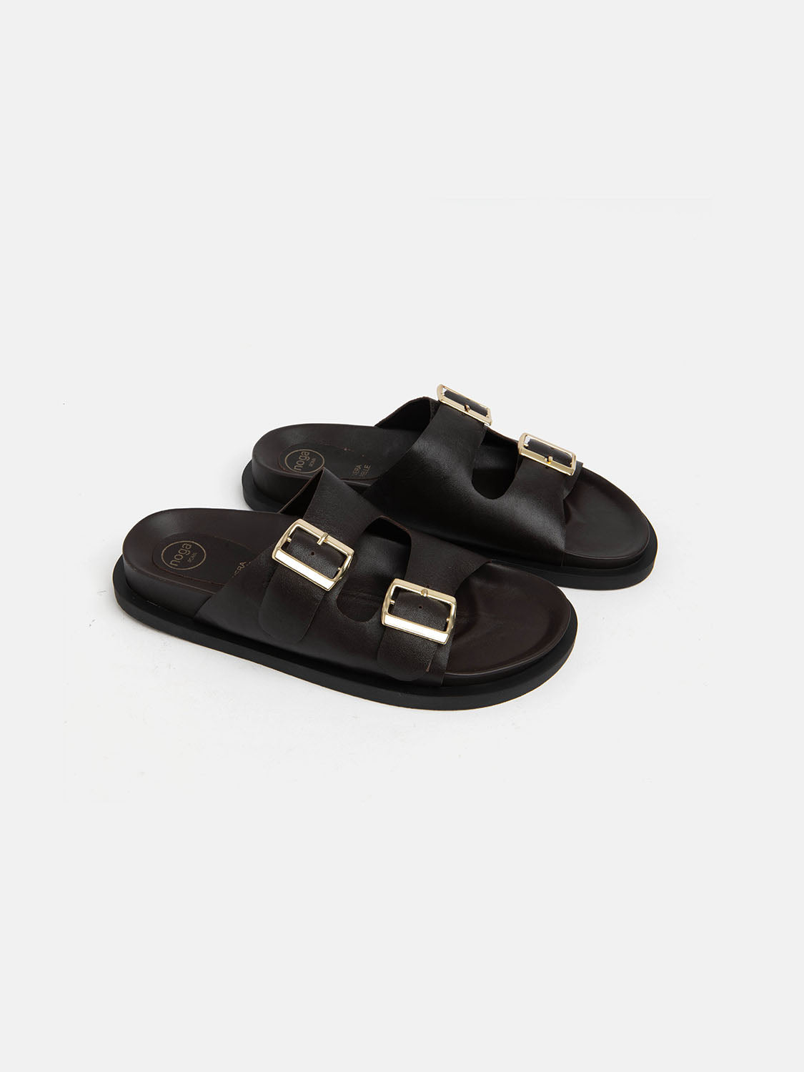 Genuine leather slipper with double buckle - BROWN