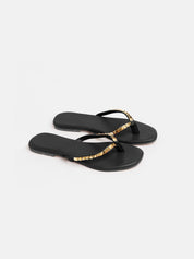 Real leather flip flops with slim studded straps - BLACK