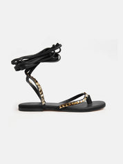 Genuine leather sandal with ankle straps - BLACK