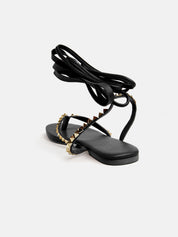 Genuine leather sandal with ankle straps - BLACK