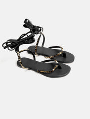 Genuine leather sandal with ankle straps - BLACK