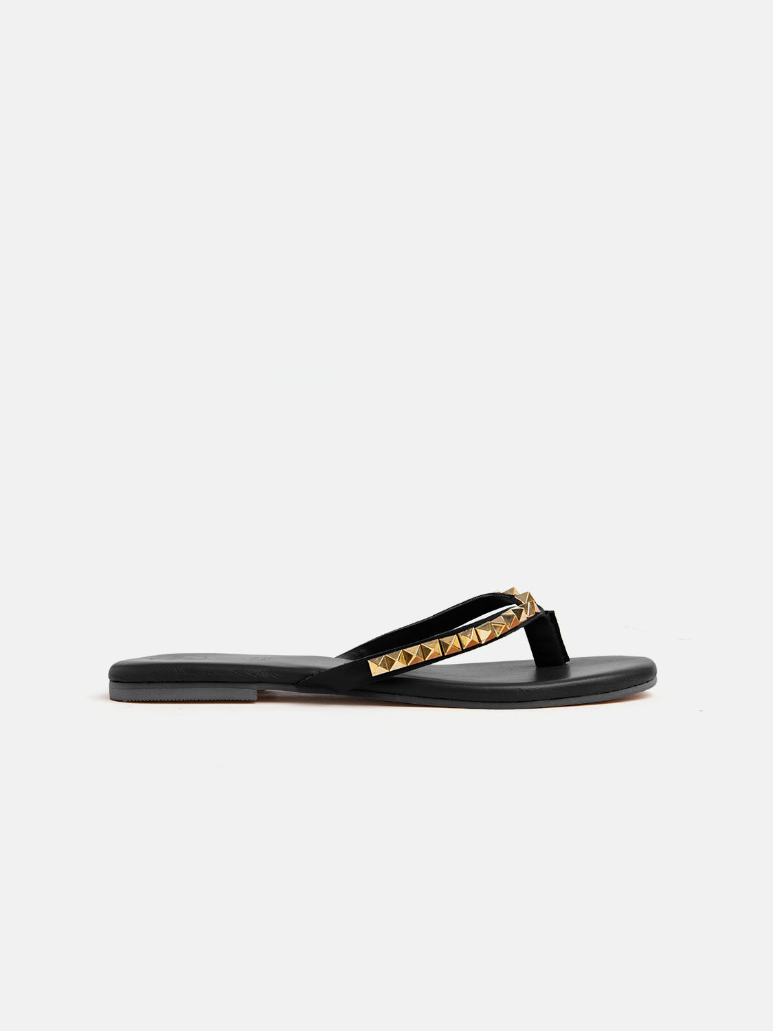 Real leather flip flops with slim studded straps - BLACK