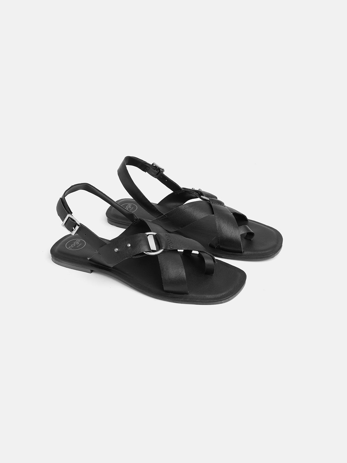 Genuine leather sandal with side buckle - BLACK