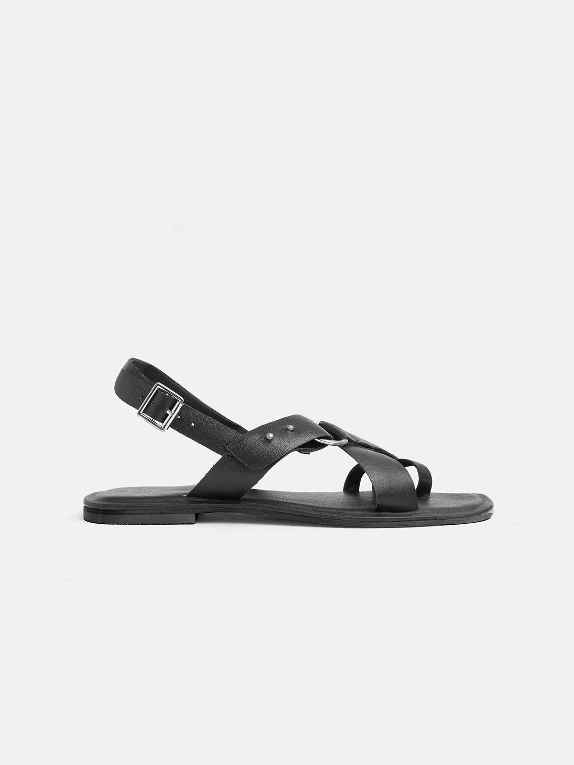 Genuine leather sandal with side buckle - BLACK