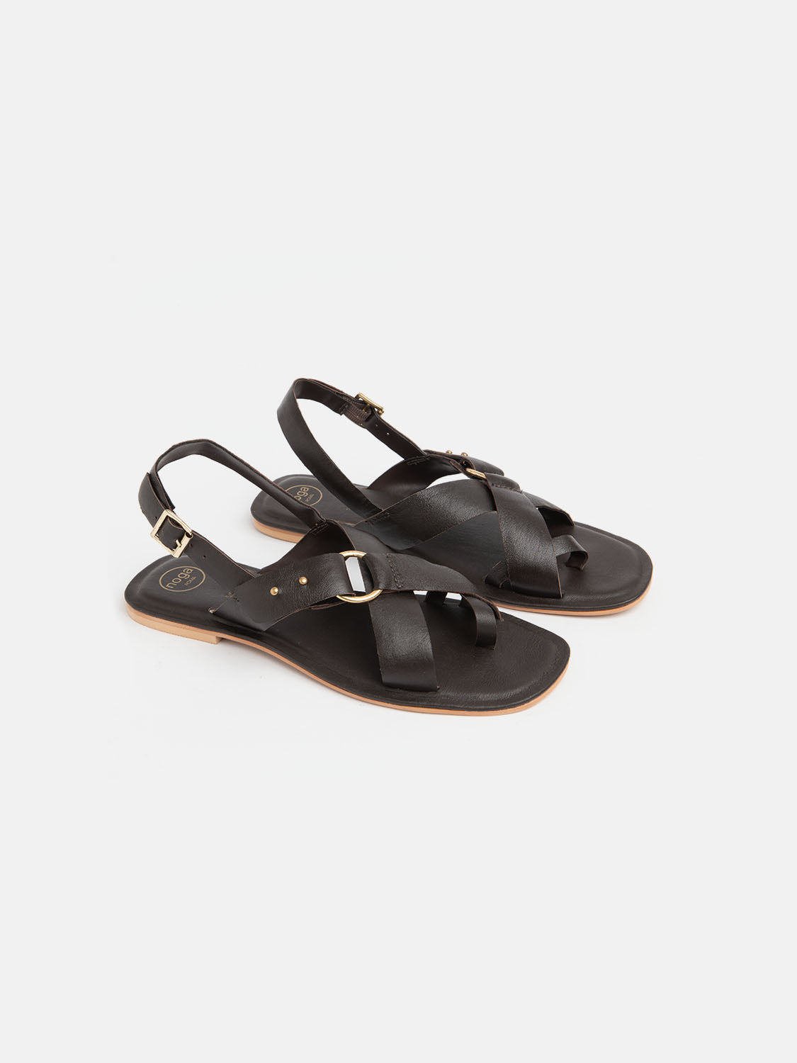 Genuine leather sandal with side buckle - BROWN