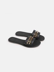 Genuine leather slipper with studs - BLACK