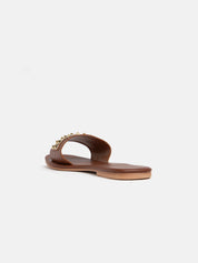 Genuine leather slipper with studs - TAN