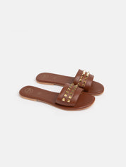 Genuine leather slipper with studs - TAN