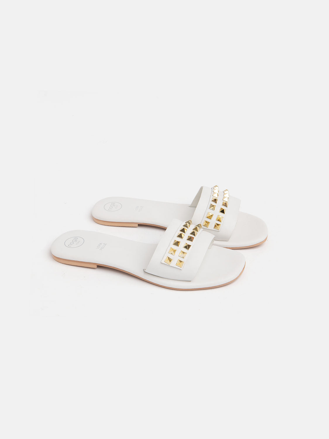 Genuine leather slipper with studs - WHITE