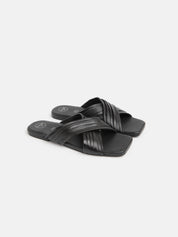 Genuine leather slipper with crisscross bands - BLACK