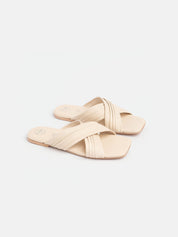 Genuine leather slipper with crisscross bands - VANILLA