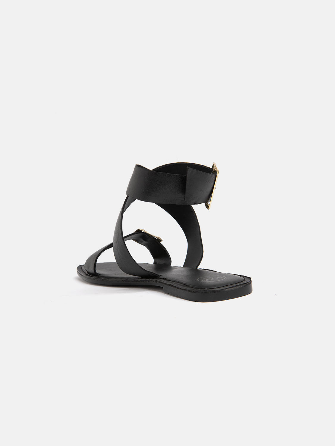 Genuine leather gladiator sandal with gold buckle - BLACK