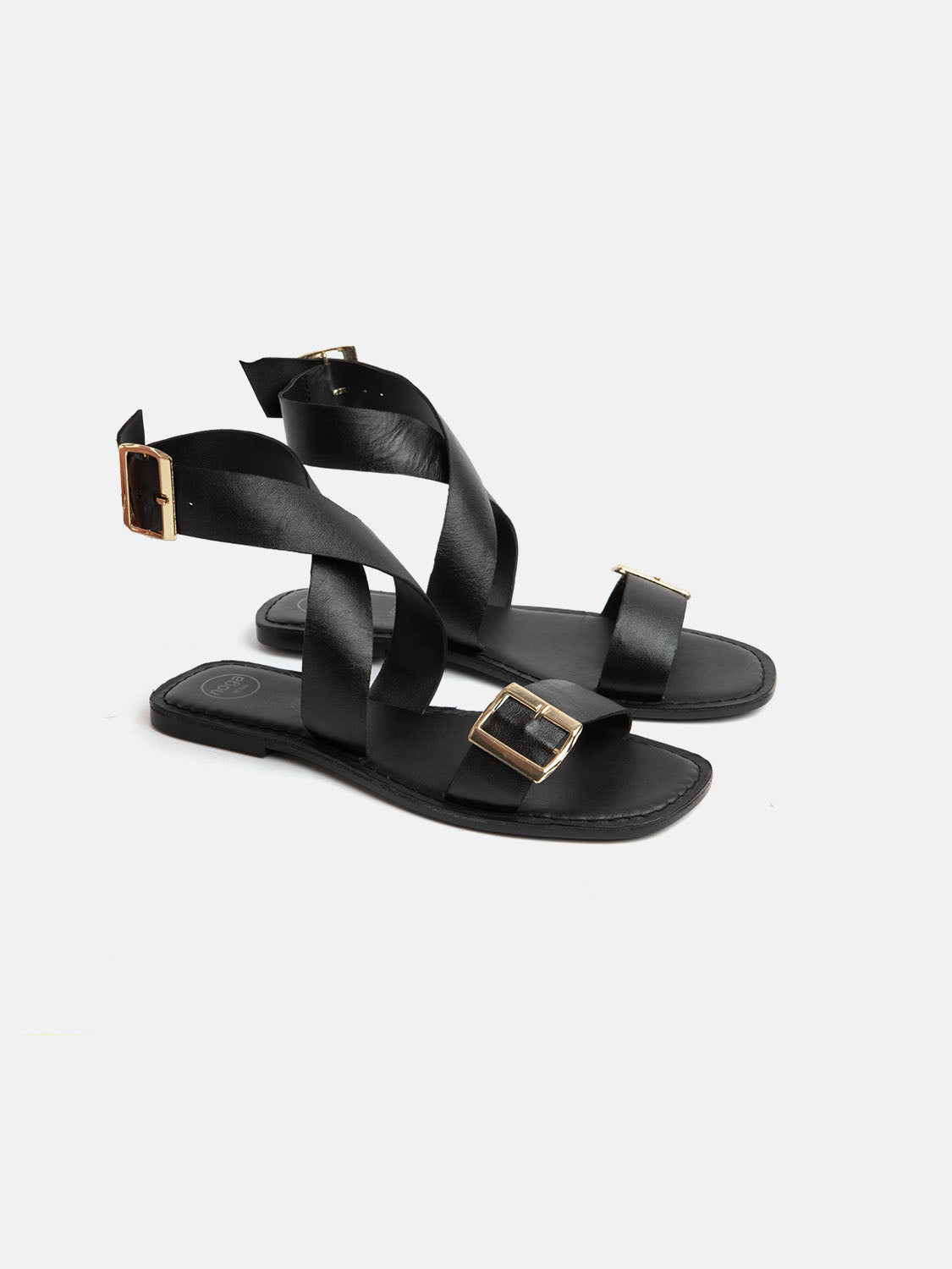Genuine leather gladiator sandal with gold buckle - BLACK