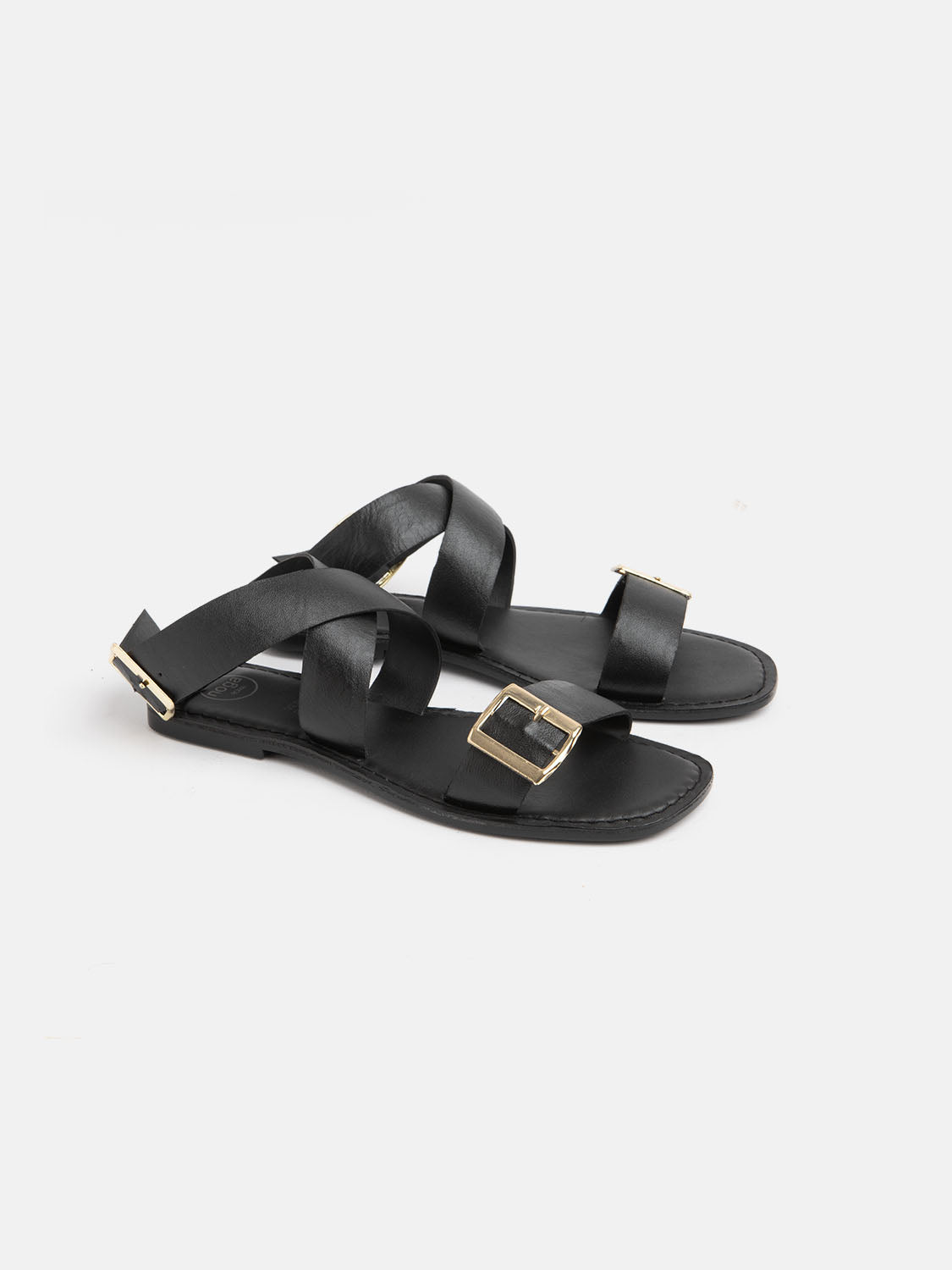Genuine leather gladiator sandal with gold buckle - BLACK
