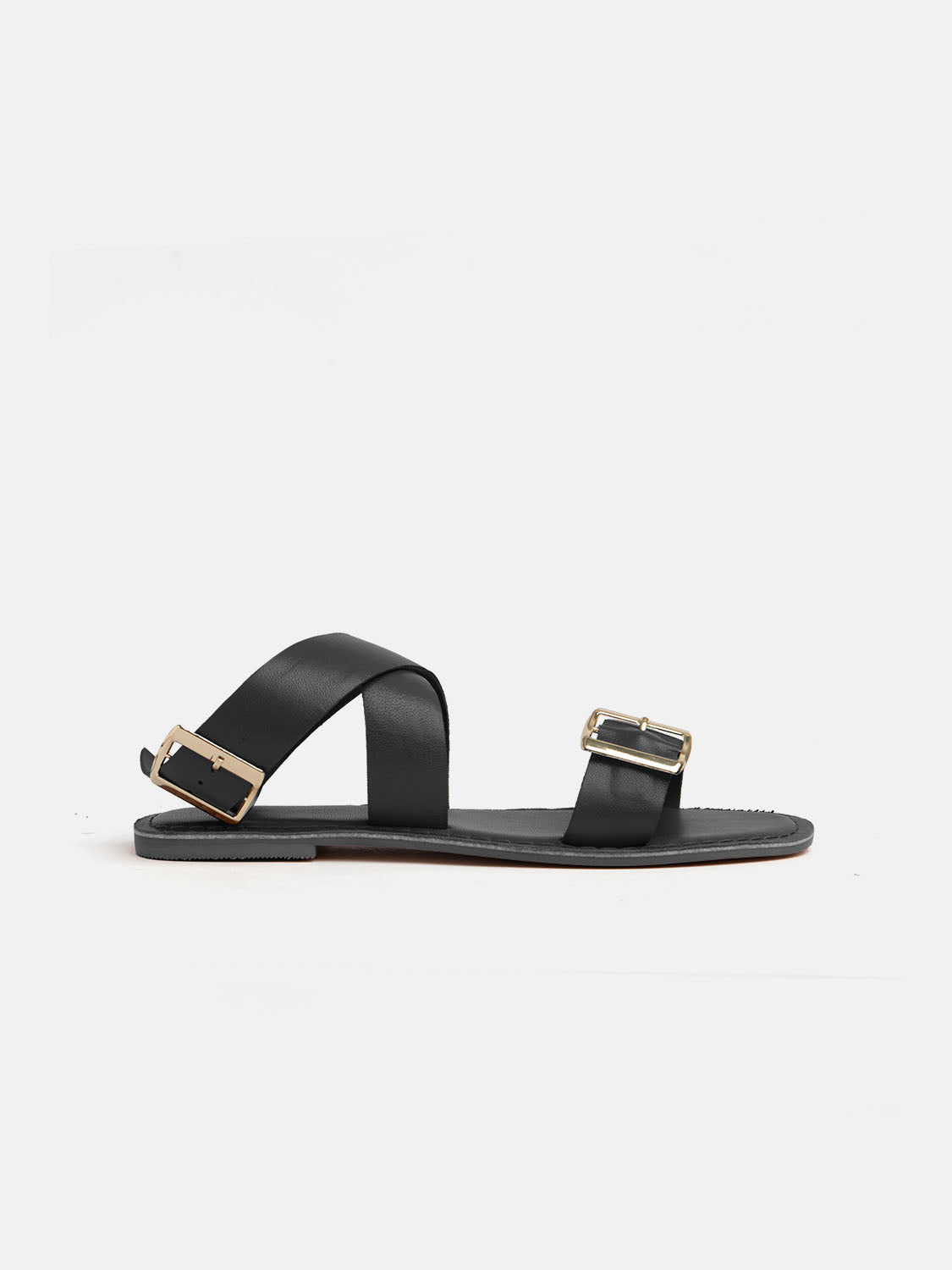 Genuine leather gladiator sandal with gold buckle - BLACK