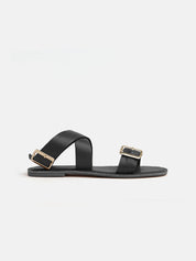 Genuine leather gladiator sandal with gold buckle - BLACK