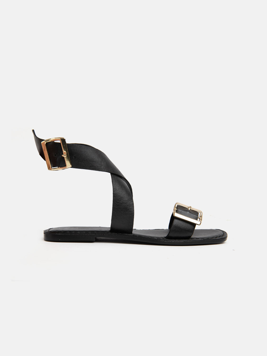 Genuine leather gladiator sandal with gold buckle - BLACK