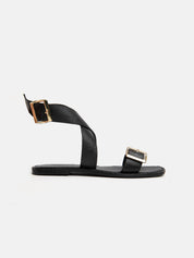 Genuine leather gladiator sandal with gold buckle - BLACK