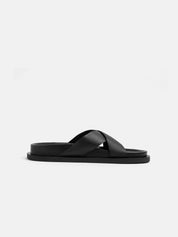 Genuine leather slipper with padded sole - BLACK