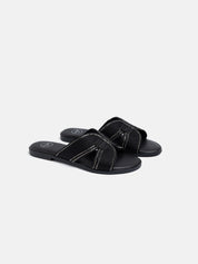 Slipper with crossed straps and rhinestones - BLACK