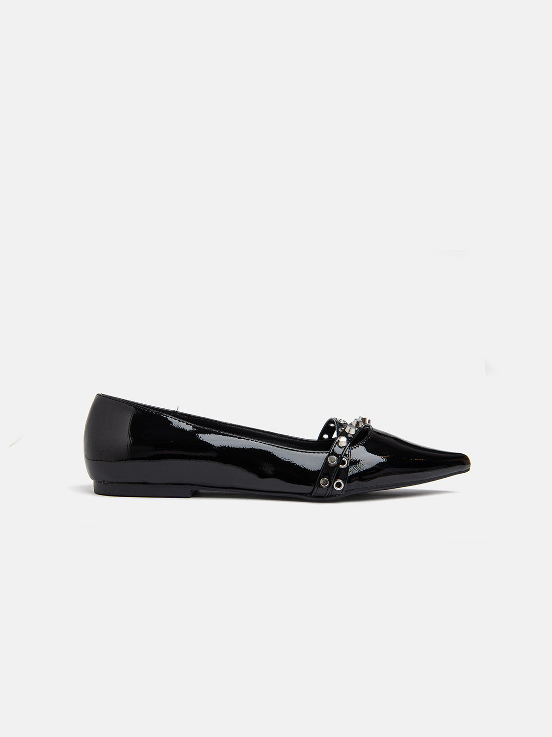 Patent leather flat ballerina with pointed toe and double studded strap - BLACK